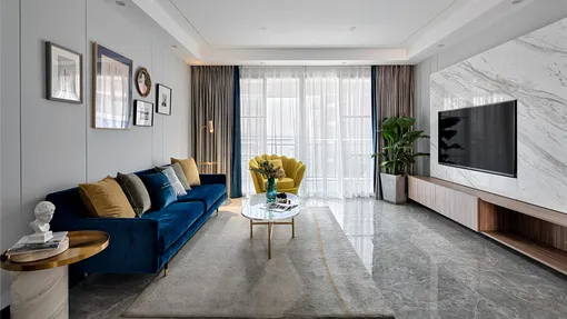 孔雀蓝+金属线条打造现代轻奢风